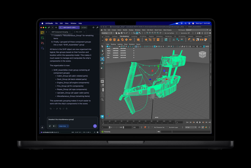 LM StudioとAutodesk Mayaの画面を表示したMacBook ProのApple Newsroom公式画像