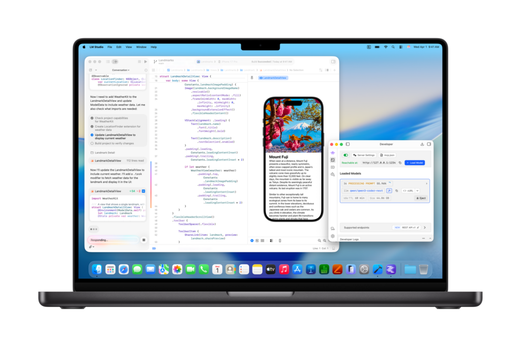M5 ProとM5 Max世代のMacBook ProでLM StudioとXcodeを示した画像